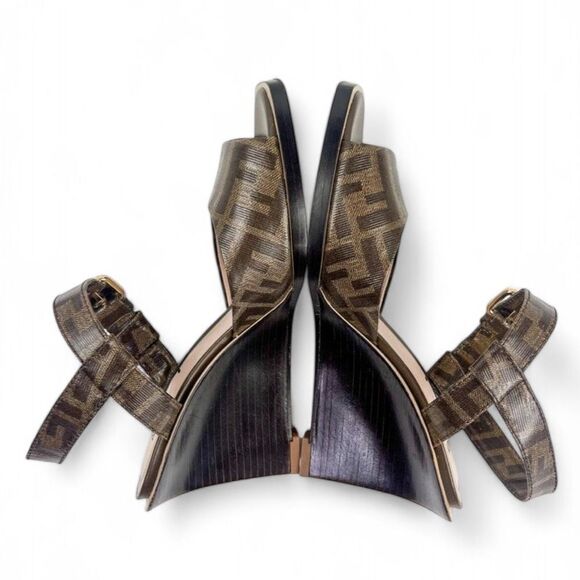 FENDI Tobacco Brown FF Zucca Logo Coated Canvas Wedge Sandals Size EU38.5 - Picture 8 of 14